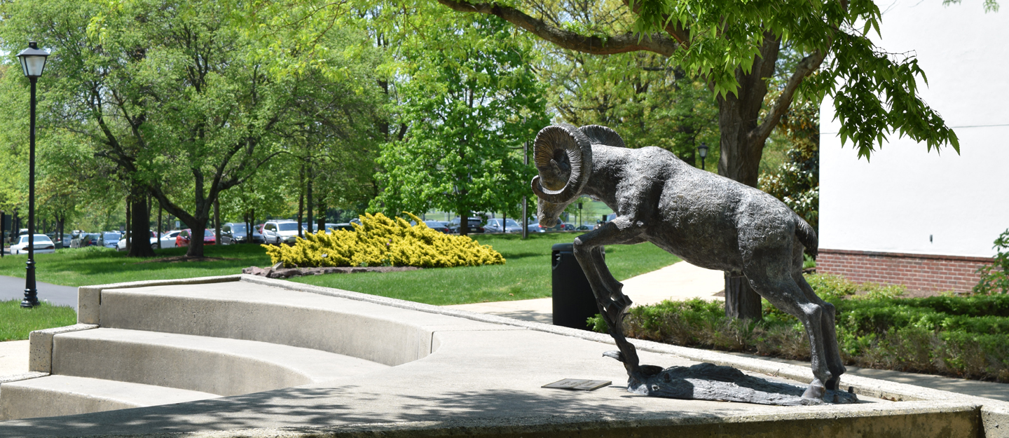 Ram statue outside of the student center.