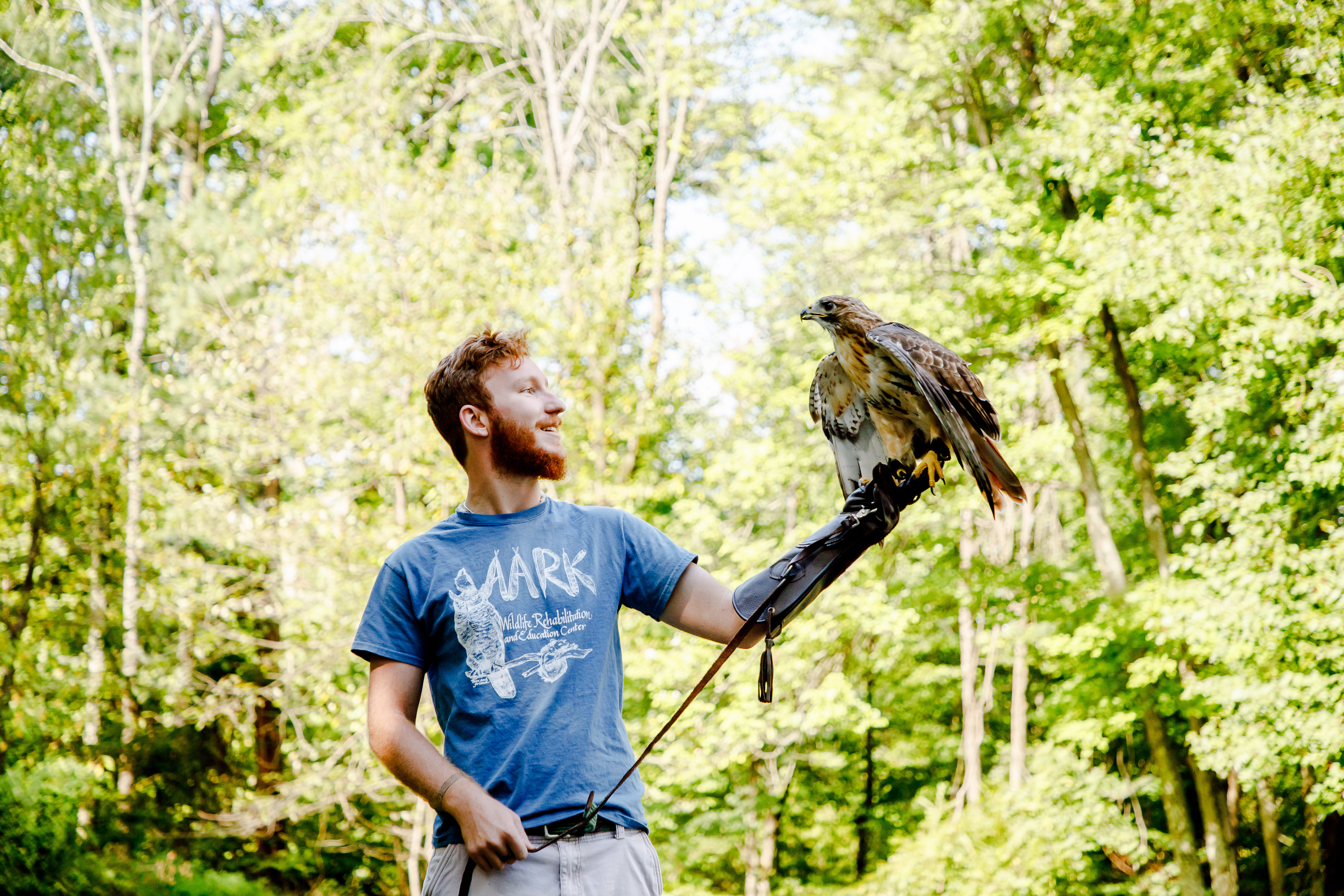 A student at AARK is holding a hawk outdoors. 