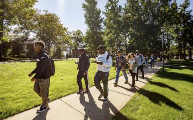 Three undergraduate students walking across campus path with trees around.