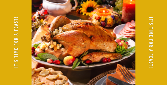 An image of a roasted turkey on a thanksgiving table with decorations and other plates of food around it with a thick orange border