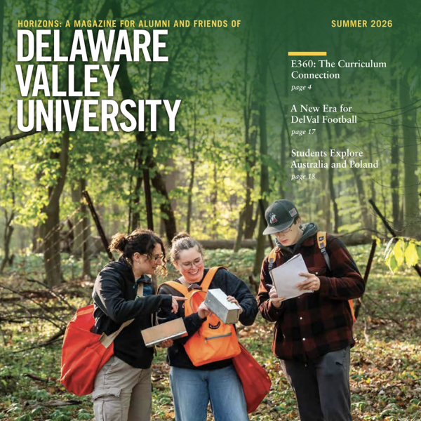 The cover of the horizons magazine which includes three students learning outdoors.