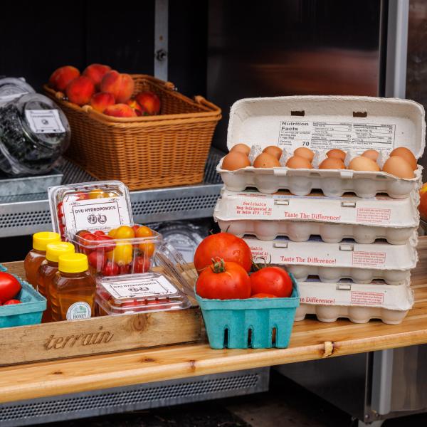 A farm stand with produce. 