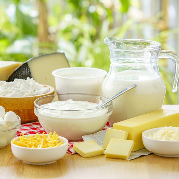 Milk, cheese, and eggs displayed on a kitchen table.