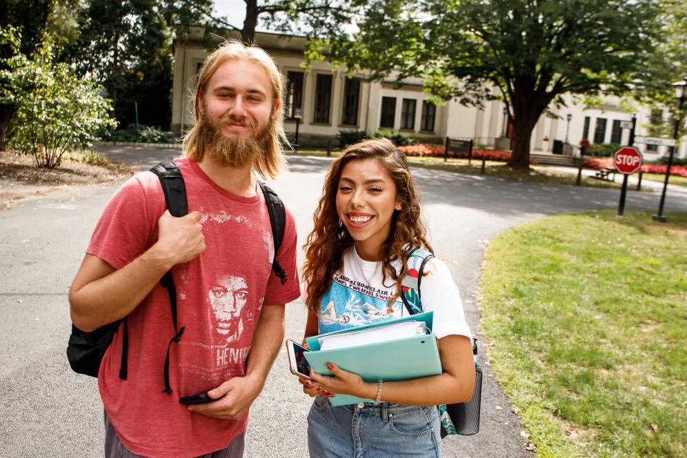 two students walking on campus