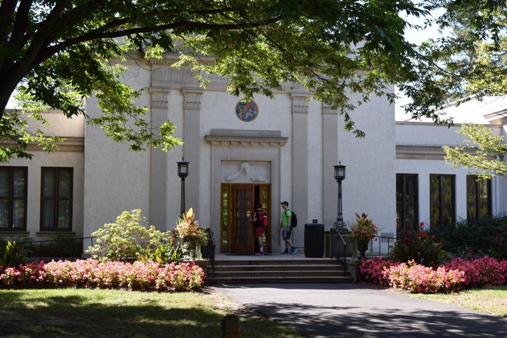 The front of the library on a sunny day