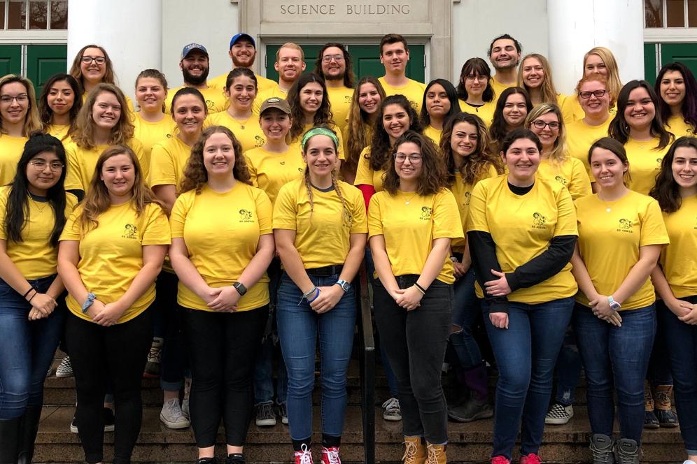 DelVal student ambassadors, known as "RAMbassadors", in their yellow RAM t-shirts - now facing the camera.