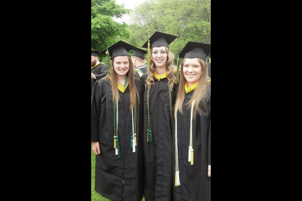 2013 graduates Sarah Klinefelter (Innerst), Lindsey Pickering (Kahler) and Kiersten Hooks (Weir) gather to share a special moment before commencement. 