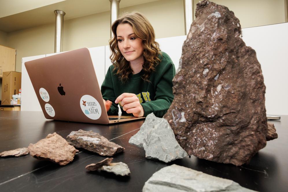 A student is sitting in front of a computer in a lab with rocks on the table beside her. 