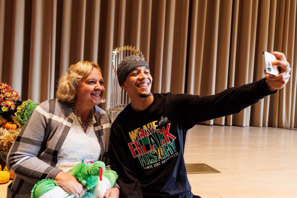 Kathy Killian and a Student taking a selfie.