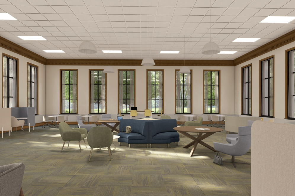 Rendering of the new floorplan for the left wing of the library. 