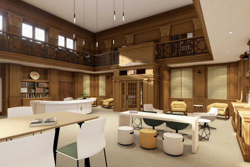 Rendering of the new floorplan of the library second angle of the lobby.