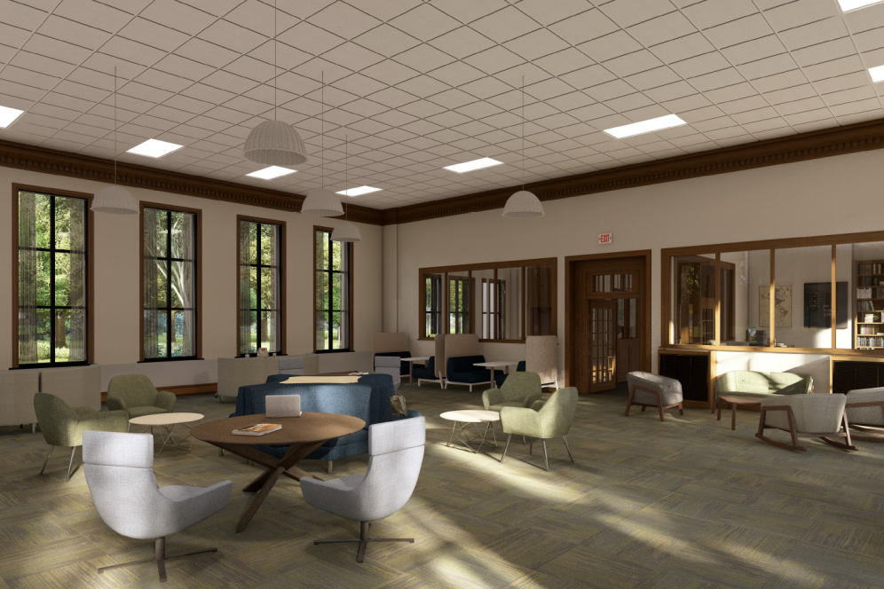 A rendering of the new floorplan for the right wing of the library. 