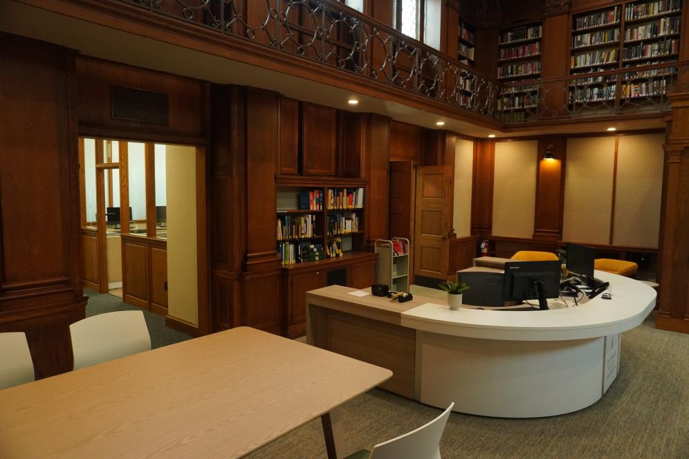 The lobby of the library after the renovations made possible by the Daniel Tanner Foundation.