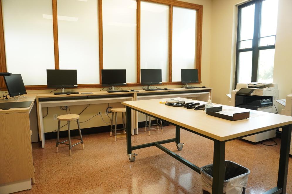 The New Print Center with computers, printers, staplers, and scanners, after the renovations made possible by the Daniel Tanner Foundation.