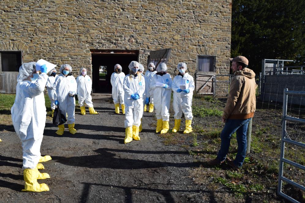 Students are suited up in yellow boots and white jumpsuits for a mock disease outbreak. 