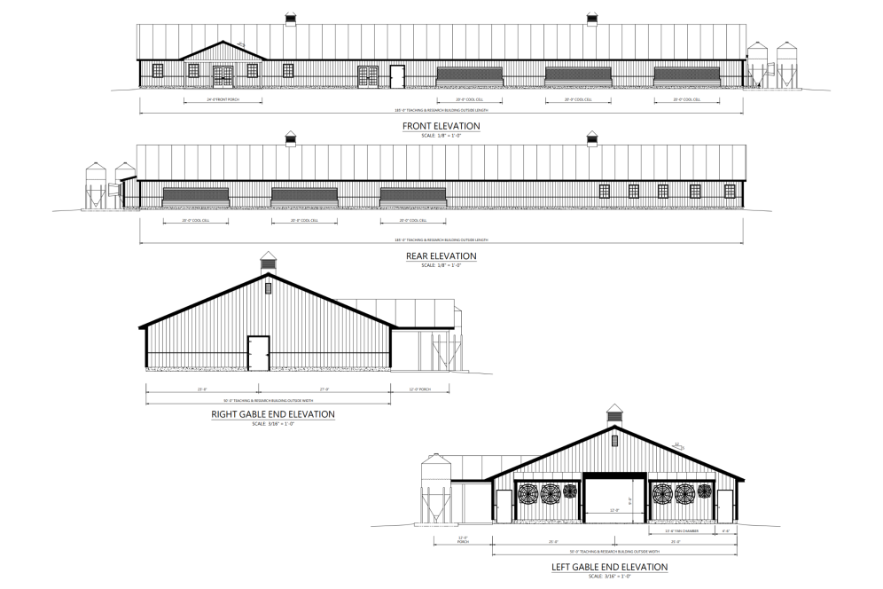 This image is a black and white mockup of the poultry science center with front and side views of what the building will look like.
