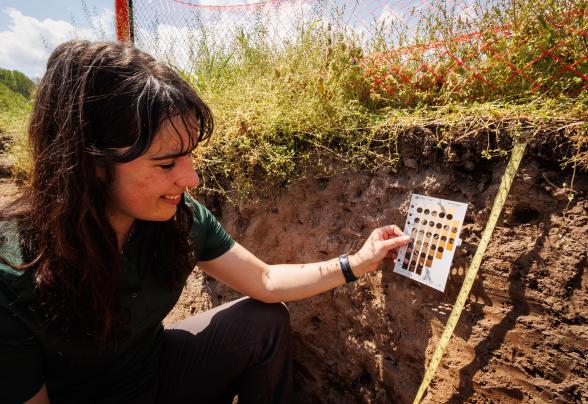 Jaclyn Fiola using a color scale while inside of a soil pit. 