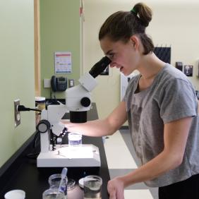 female student adjusting microscope