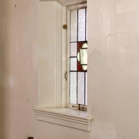 A stained glass window in the chapel