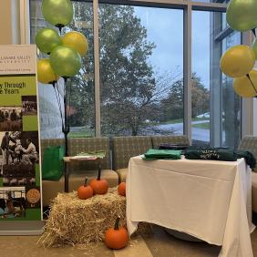 DelVal souvenir and ballons in the lobby of the Life Sciences Building.