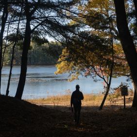 A student is walking towards a lake. 