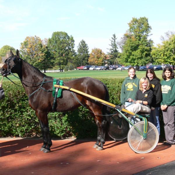 Students pose with a horse and racing carriage.