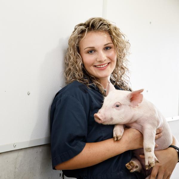 An experiential learner holdeing a pigglet.