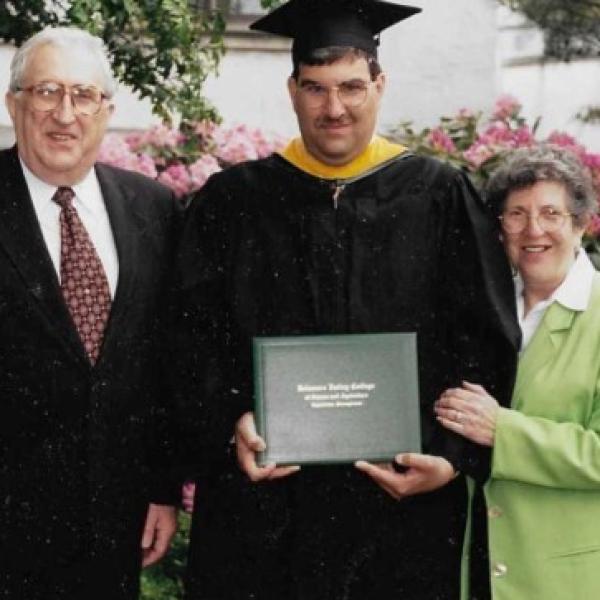 Celebrating what would have been Dr. Joshua Feldstein's 100th Birthday on April 12, 2021. Pictured with his son, Dan, a graduate of DelVal, and his wife, Miriam.