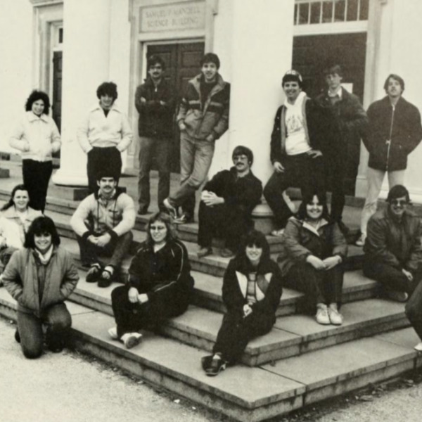 group of student on stairs in 1986