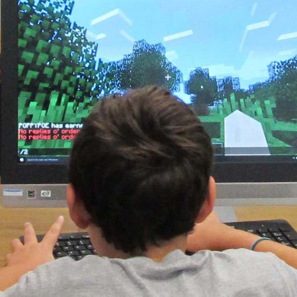 A young child sitting at the computer playing minecraft