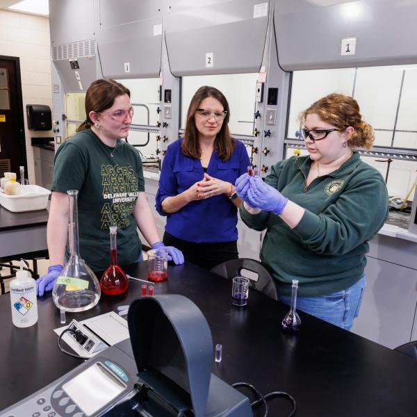 Chemistry professor, Melissa Langston, is teaching two students in the chemistry lab. 