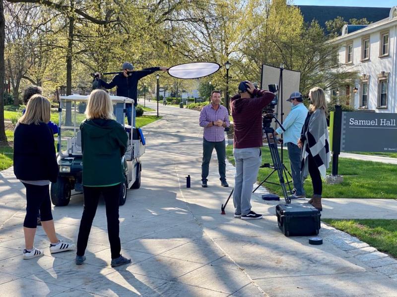 Alex Boylan from The College Tour films an episode at Delaware Valley University in Bucks County, Pennsylvania. 