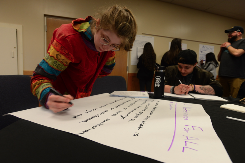 Students are gathered around a table writing on poster sized paper. 
