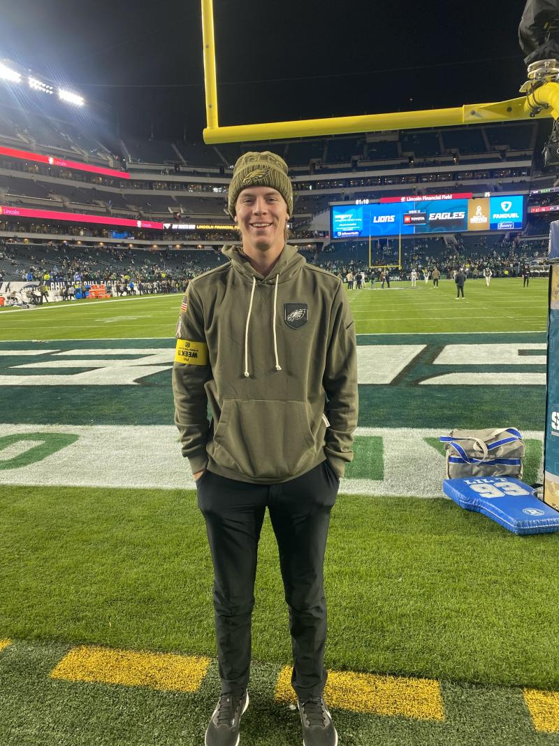 Connor Esbenshade '26 stands by the goal post at Lincoln Financial Field