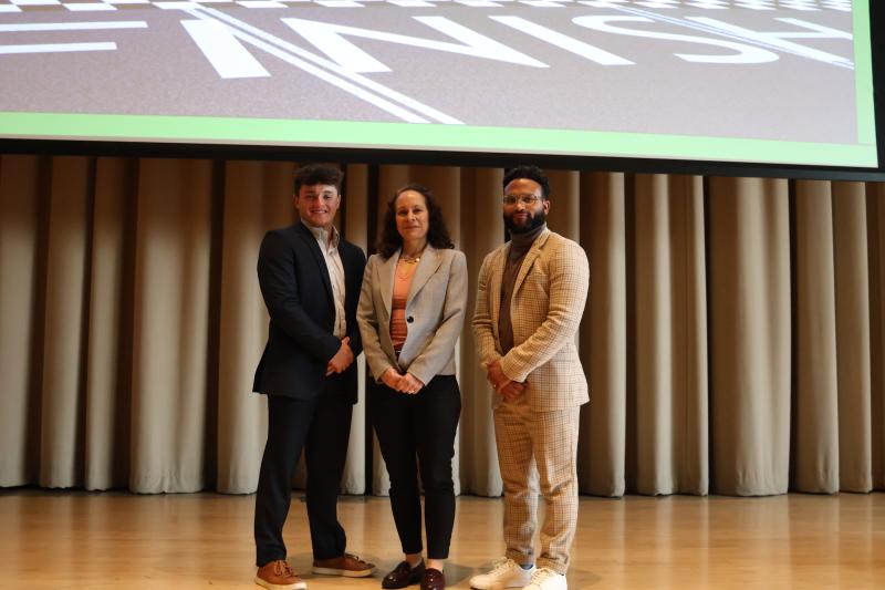 (L-R) Michael Brunelli '28, WEIR scholarship recipient, Dr. Tanya Casas, dean of the School of Business, Arts and Sciences, Matthew Riddick '20, WEIR speaker and founder of the Riddick Foundation.