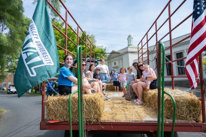 Students and families on the hayride at A-Day