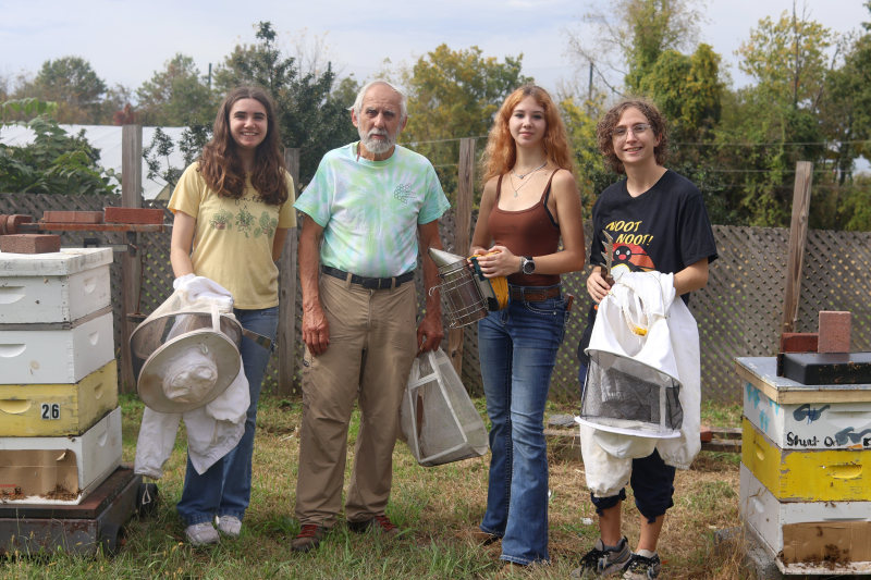 L-R: Jillian Horowitz-Kurtzberg '27, Apiary Society President, Vincent Aloyo, DelVal Master Beekeeper, Zoie Jones '29, Apiary Society Vice President, Leah Monastra '28, Apiary Society Member and former Apiary intern