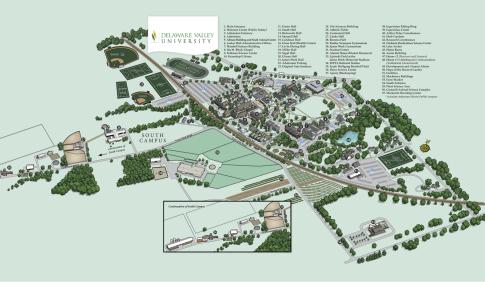 An illustrated aerial view of the campus.