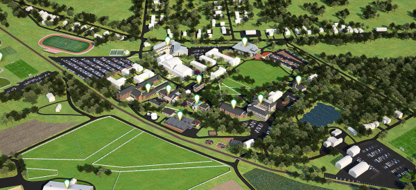 A three dimensional rendering of Delaware Valley University's Main Campus.