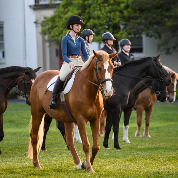 A student is riding a light brown horse on the quad. 