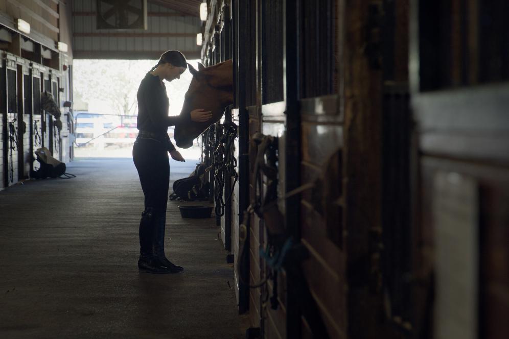 A silhouette if Maggie and a horse in the stable.